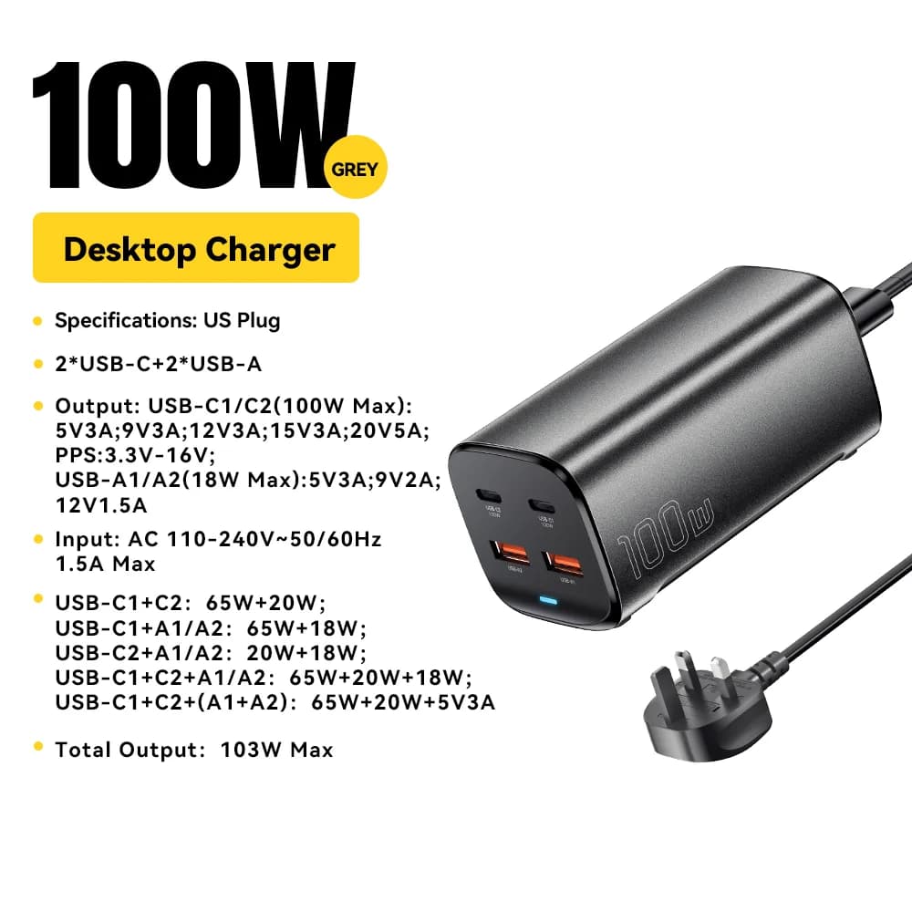 100W 4-в-1 GaN настолен заряден апарат за лаптоп