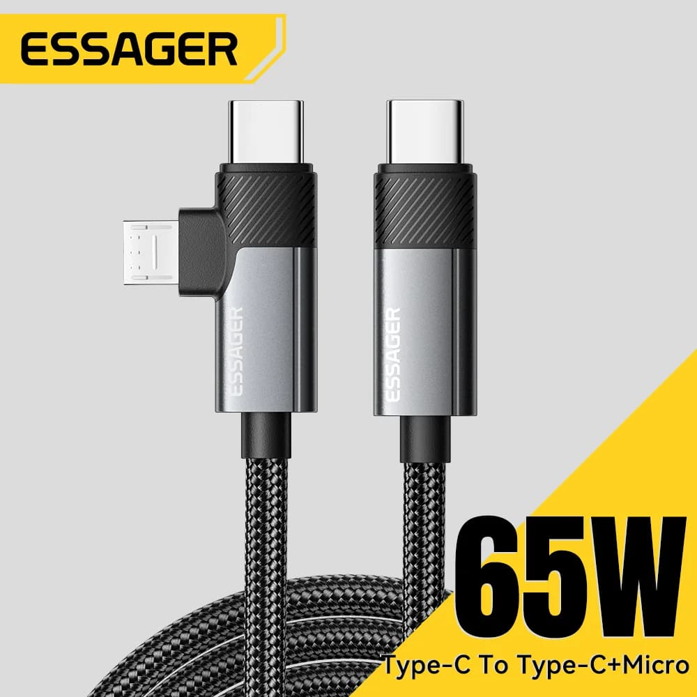 2-в-1 65W PD кабел за бързо зареждане Type-C/USB-A към Micro