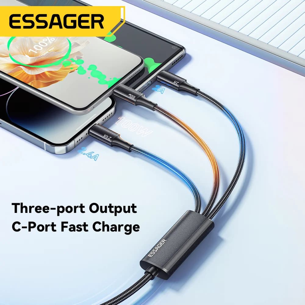 100W 3-в-1 USB-C към Lightning Кабел за Зареждане