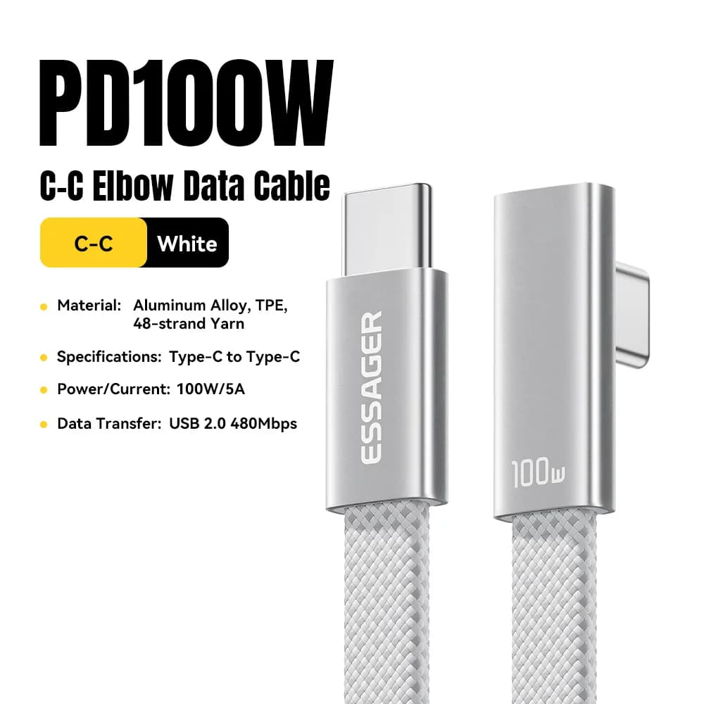 100W Ъглов USB-C Кабел за Бързо Зареждане