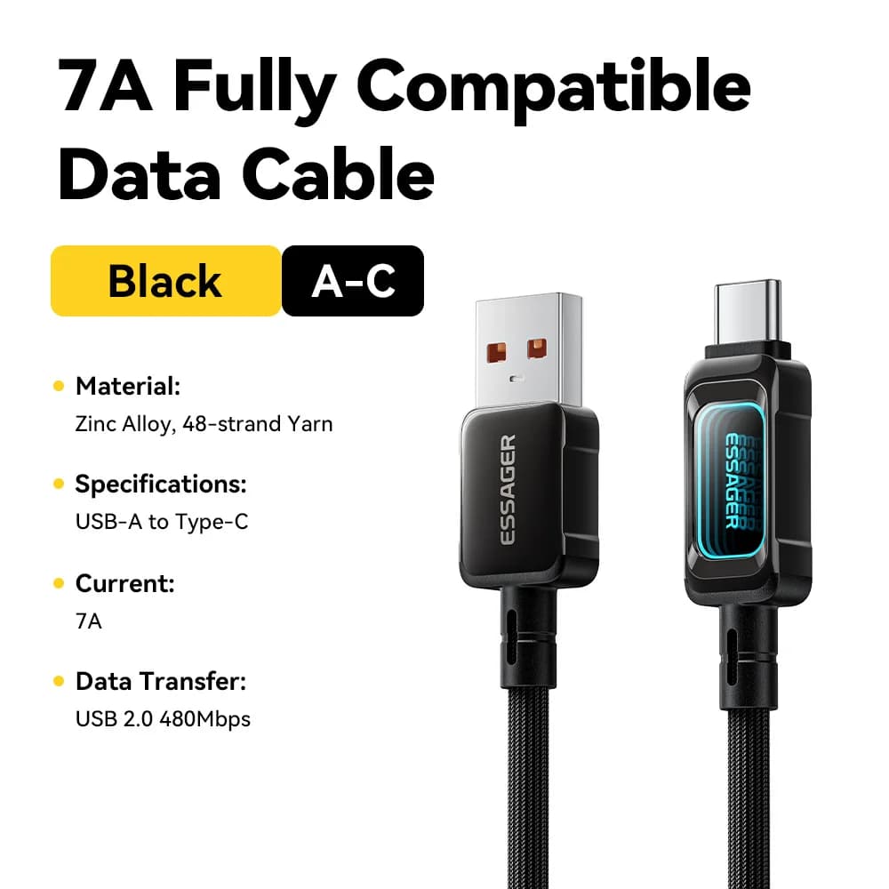 USB-C към USB-C кабел за бързо зареждане с LED дисплей, 100W