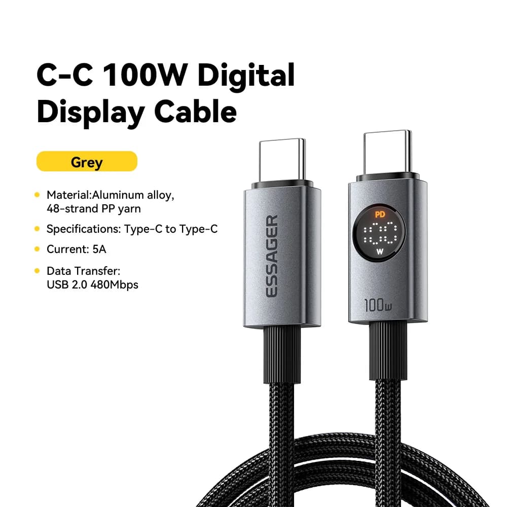 Кабел USB-C към USB-C, 100W, с цифров дисплей