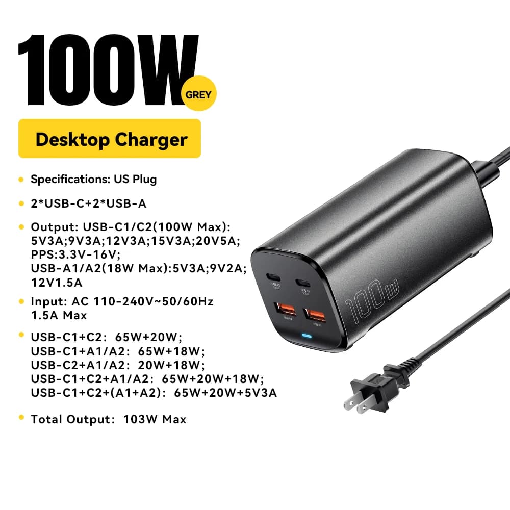 100W 4-в-1 GaN настолен заряден апарат за лаптоп