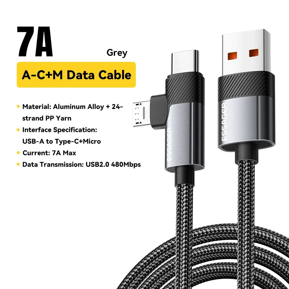 2-в-1 65W PD кабел за бързо зареждане Type-C/USB-A към Micro