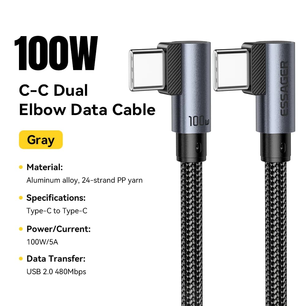 Ъглов USB-C към USB-C кабел за бързо зареждане 100W