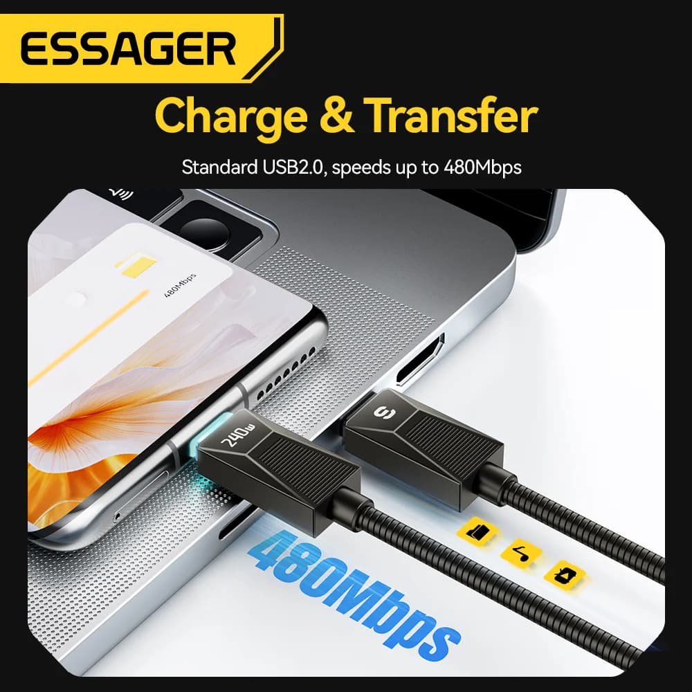 Кабел за бързо зареждане USB-C 240W от неръждаема стомана