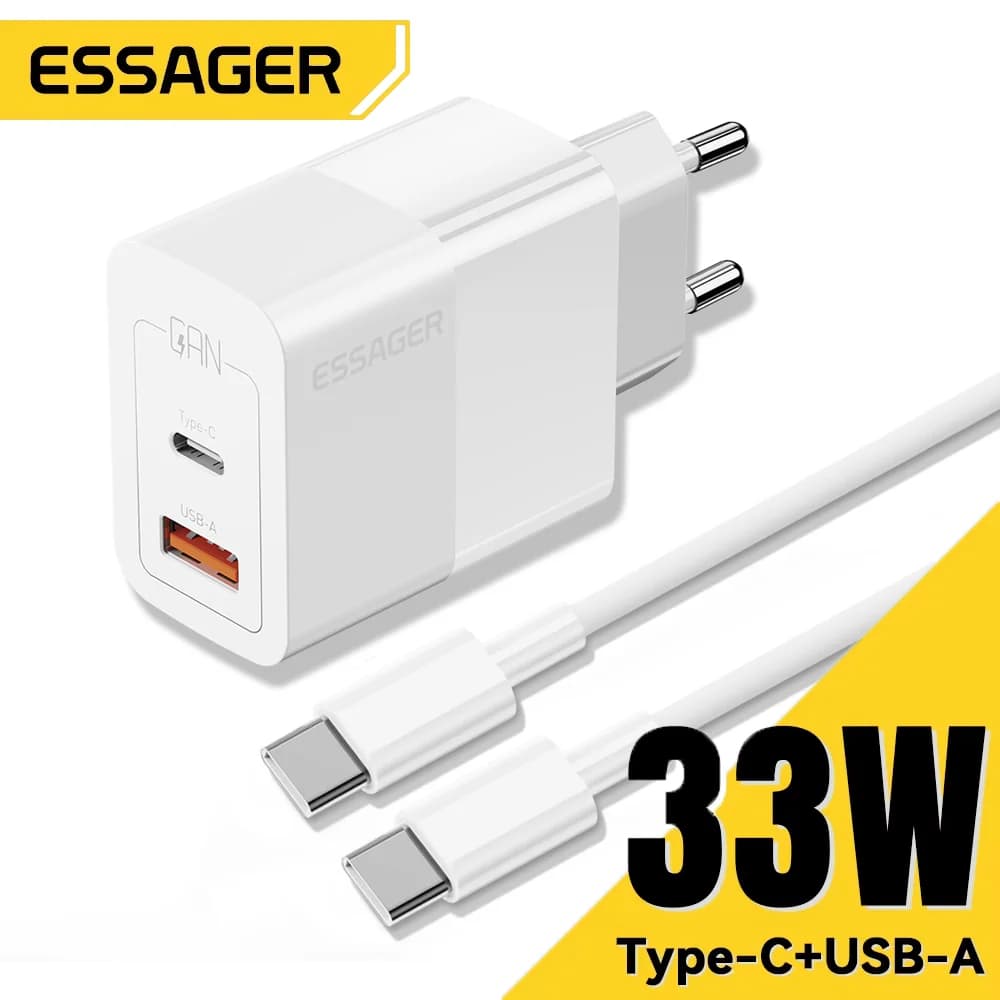 Мини мрежов заряден адаптер 33W, двойни портове USB-C, бързо зареждане