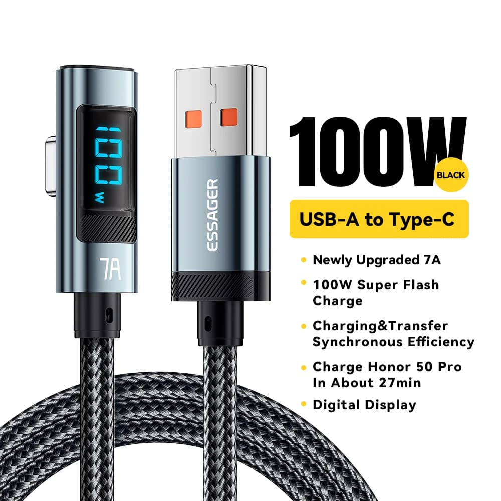 USB Type-C кабел 100W с ъгъл 90° и LED дисплей