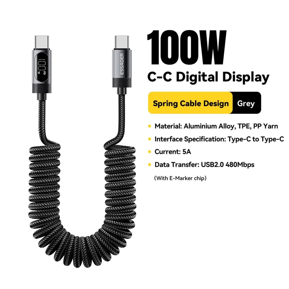 Автомобилен кабел USB-C към USB-C 100W с пружина